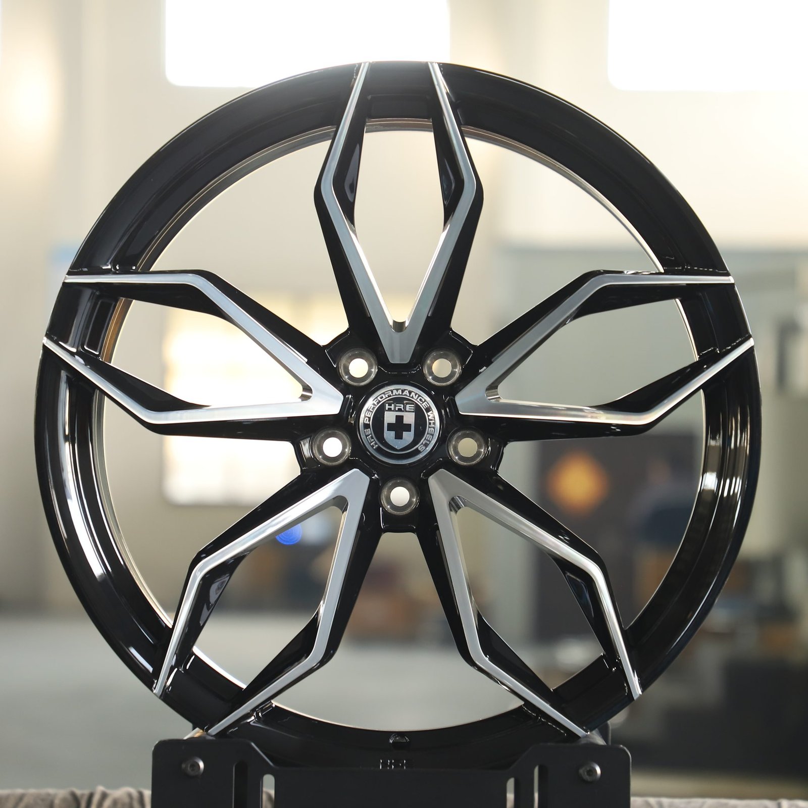 Ferrari 488 wheels – Gloss Black Petal-Spoke Machined Face (HRE P201-Style), front view