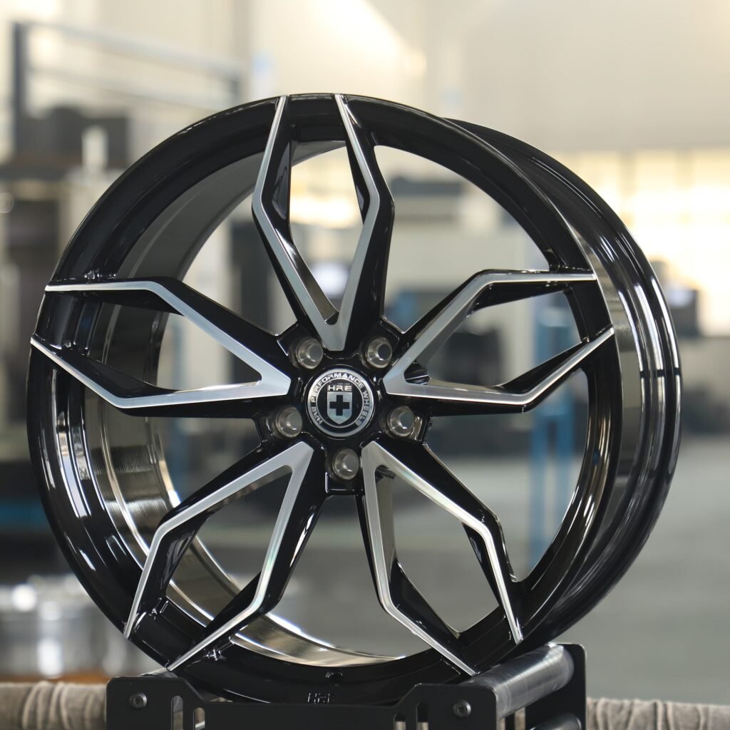 Audi R8 wheels – Gloss Black Petal-Spoke Machined Face (HRE P201-Style), angled view