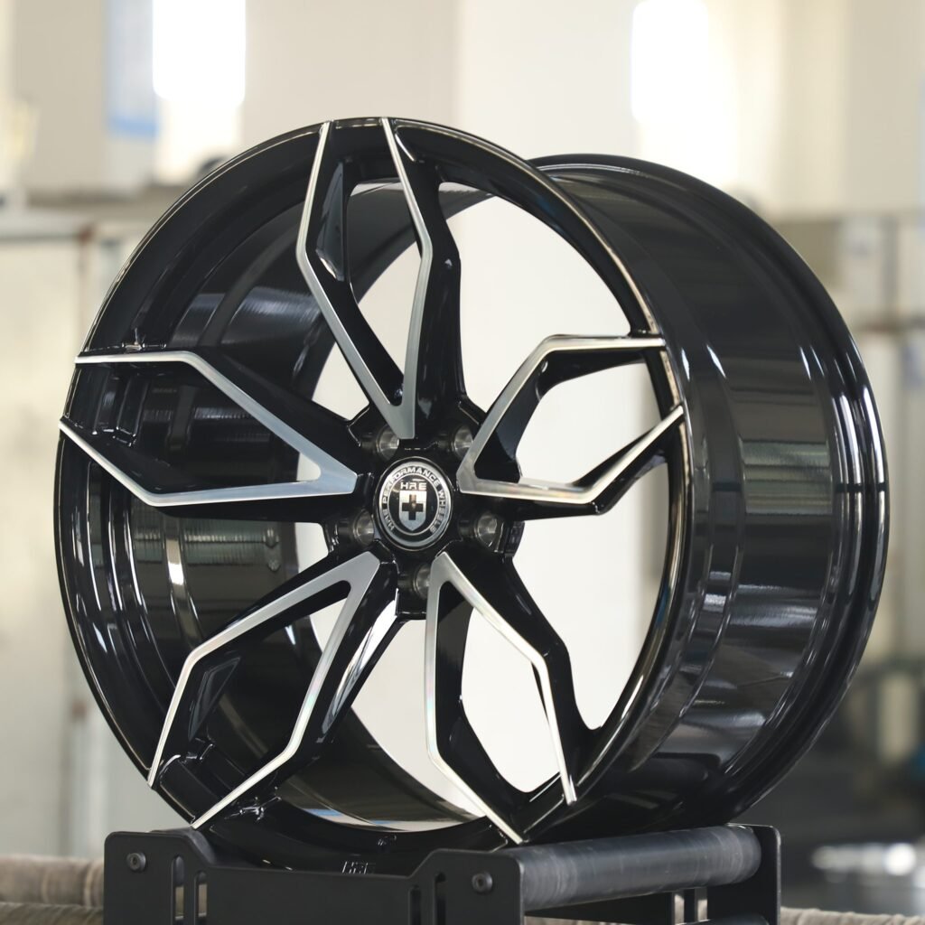 5x114.3 wheels – Gloss Black Petal-Spoke Machined Face (HRE P201-Style), side view