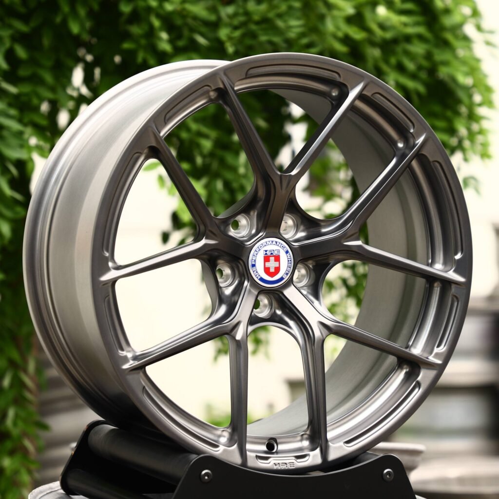 Lamborghini Aventador wheels – Gray 5 Y-Spoke Polished (HRE P101-Style), angled view