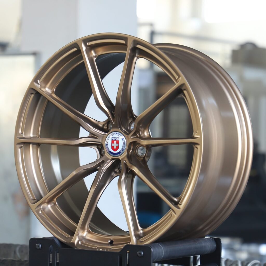Porsche 718 Cayman wheels – Matte Bronze 5 Y-Spoke (HRE P104SC-Style), angled view