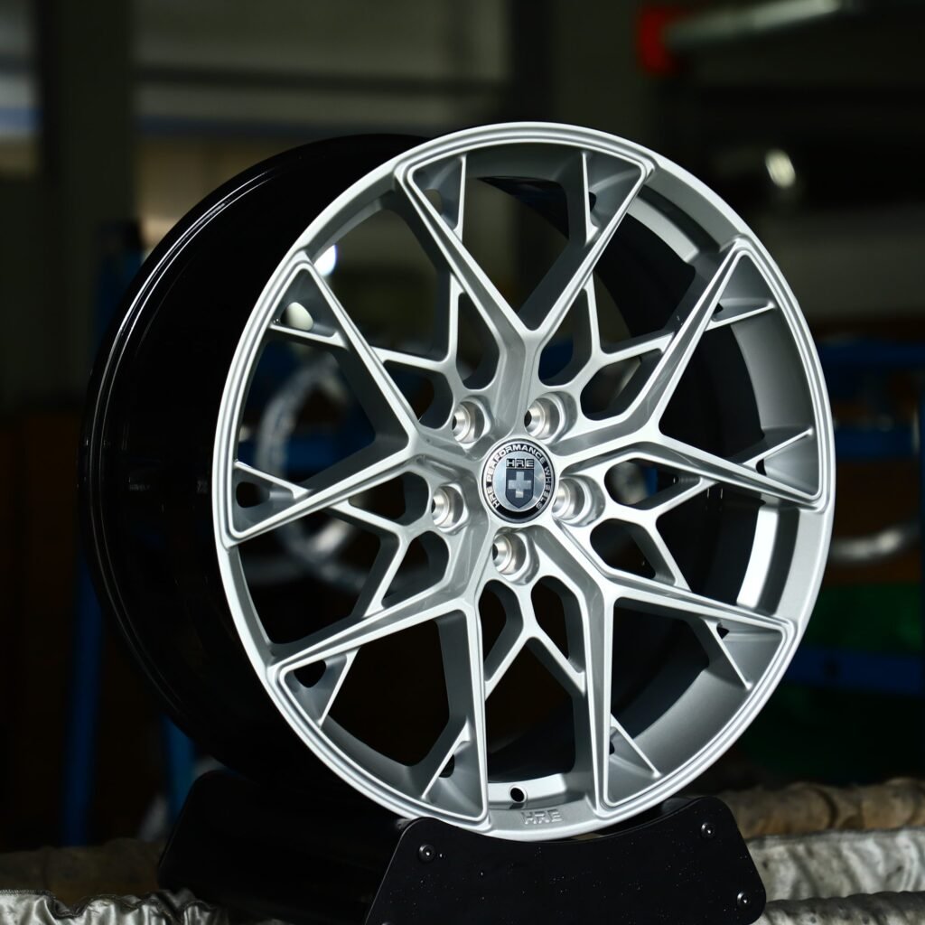Audi R8 wheels – Matte Silver Cross-Spoke (HRE P200-Style), angled view