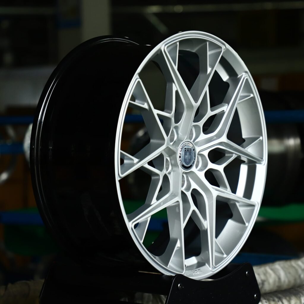 5x114.3 wheels – Matte Silver Cross-Spoke (HRE P200-Style), side view