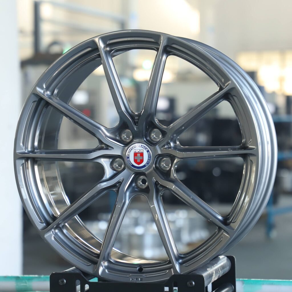 Lamborghini Aventador wheels – Metallic Gray 5 V-Spoke (HRE P101-Style), angled view