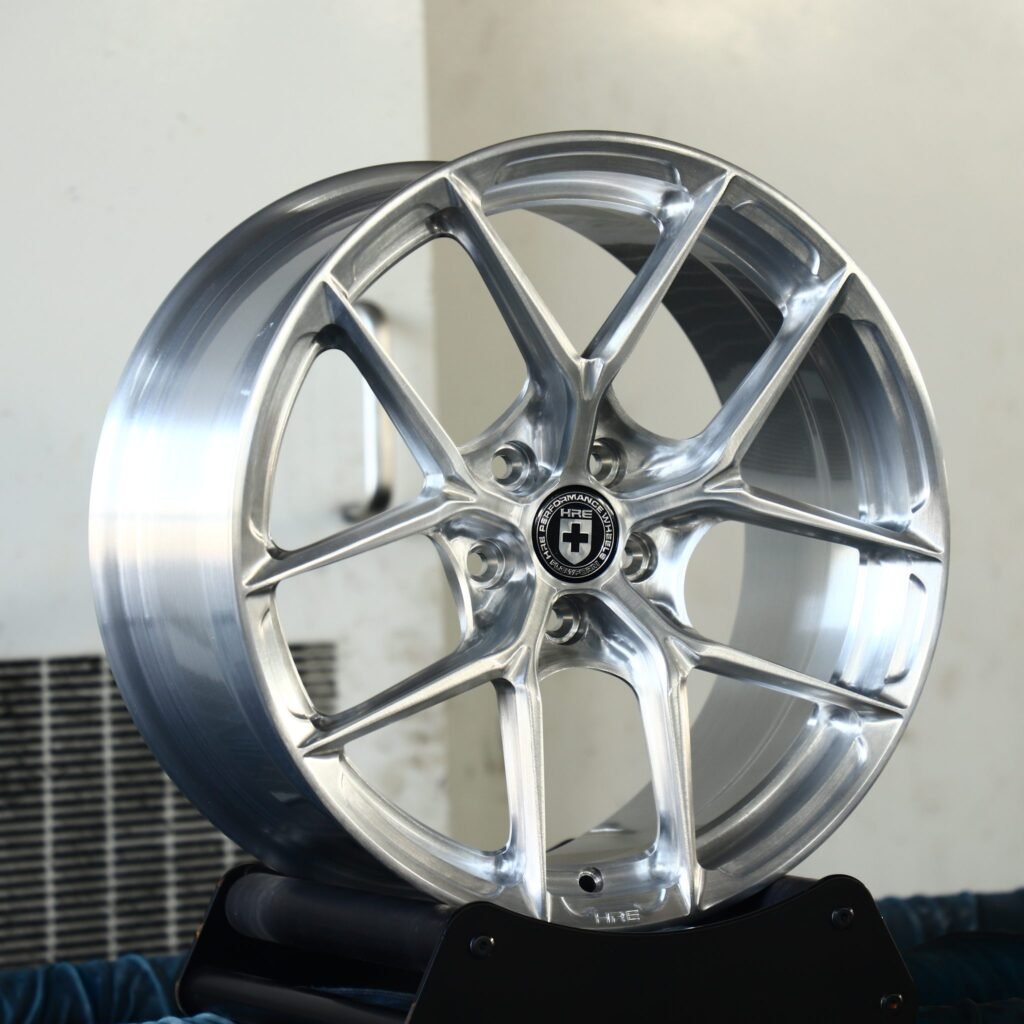 Lamborghini Aventador wheels – Custom Finish 5 Y-Spoke Mirror Polished (HRE Performance P101-Style), angled view