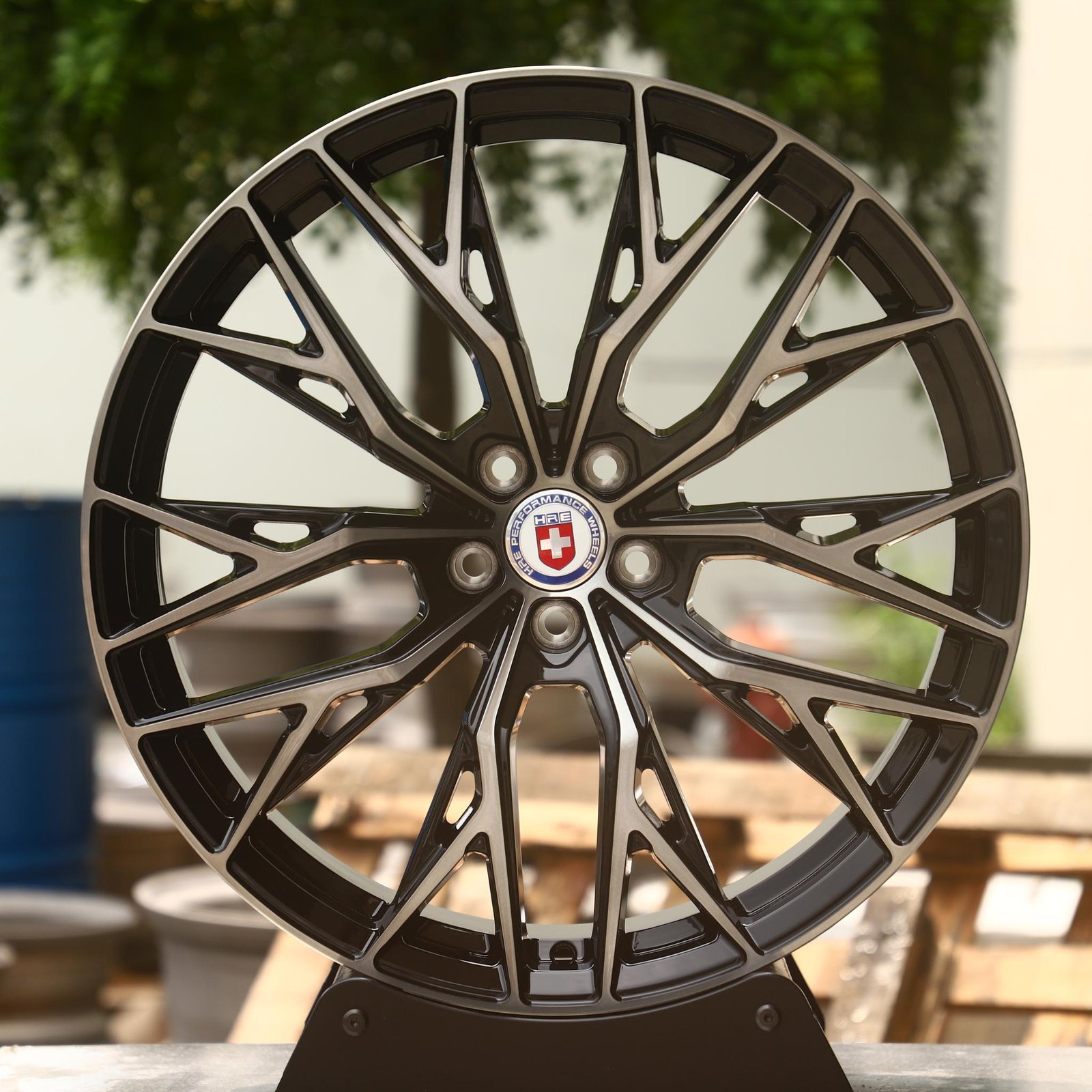 Ferrari 488 wheels – Gloss Black 10 Y-Spoke Machined Face (HRE Performance P200-Style), front view