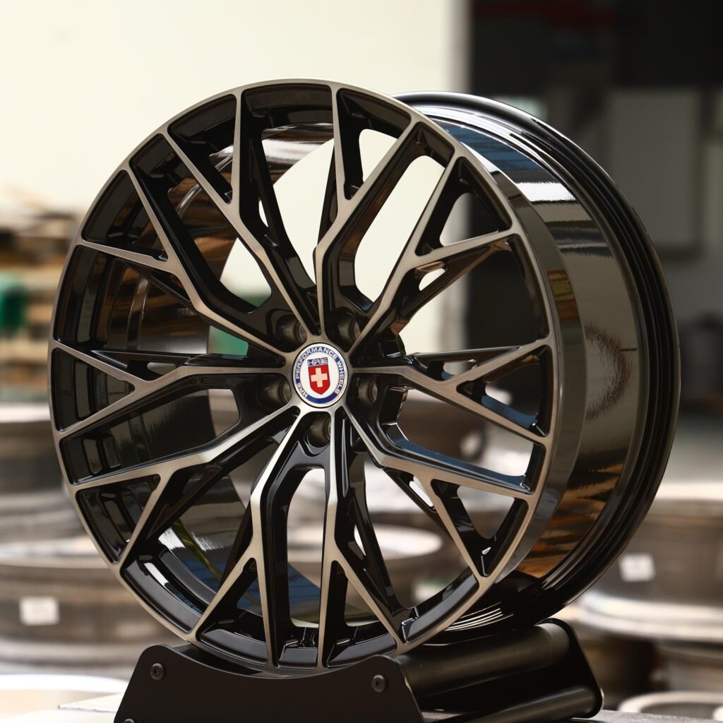Audi R8 wheels – Gloss Black 10 Y-Spoke Machined Face (HRE Performance P200-Style), angled view