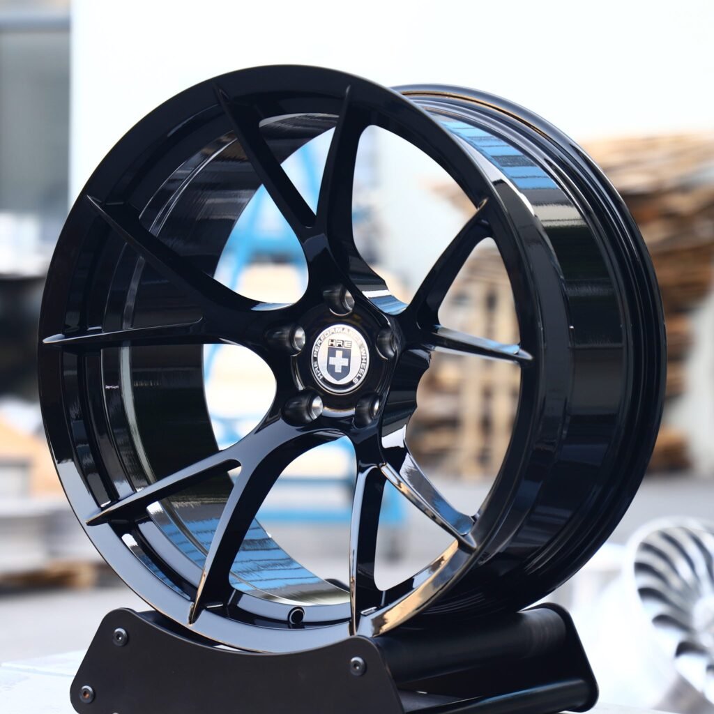 BMW M3 G80 wheels – HRE Performance Gloss Black 5 Y-Spoke, angled view