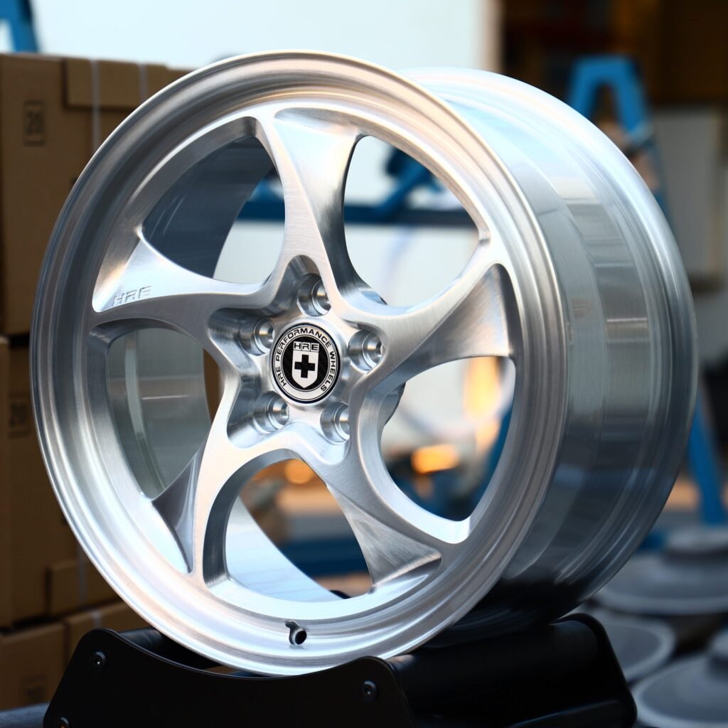 Porsche 911 wheels – Matte Silver Directional Milled (HRE Performance 522M-Style), angled view