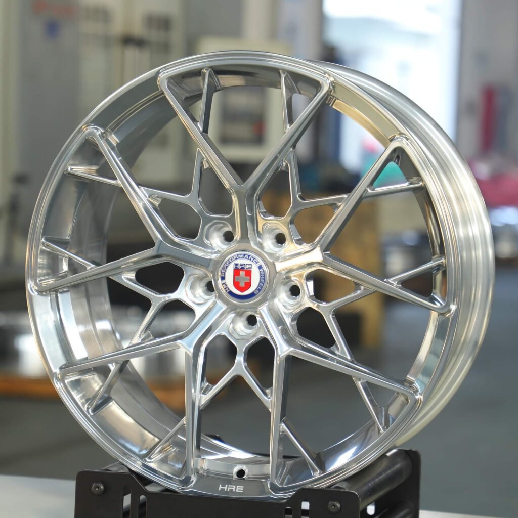 Audi R8 wheels – Polished Silver Cross-Spoke (HRE P200-Style), angled view