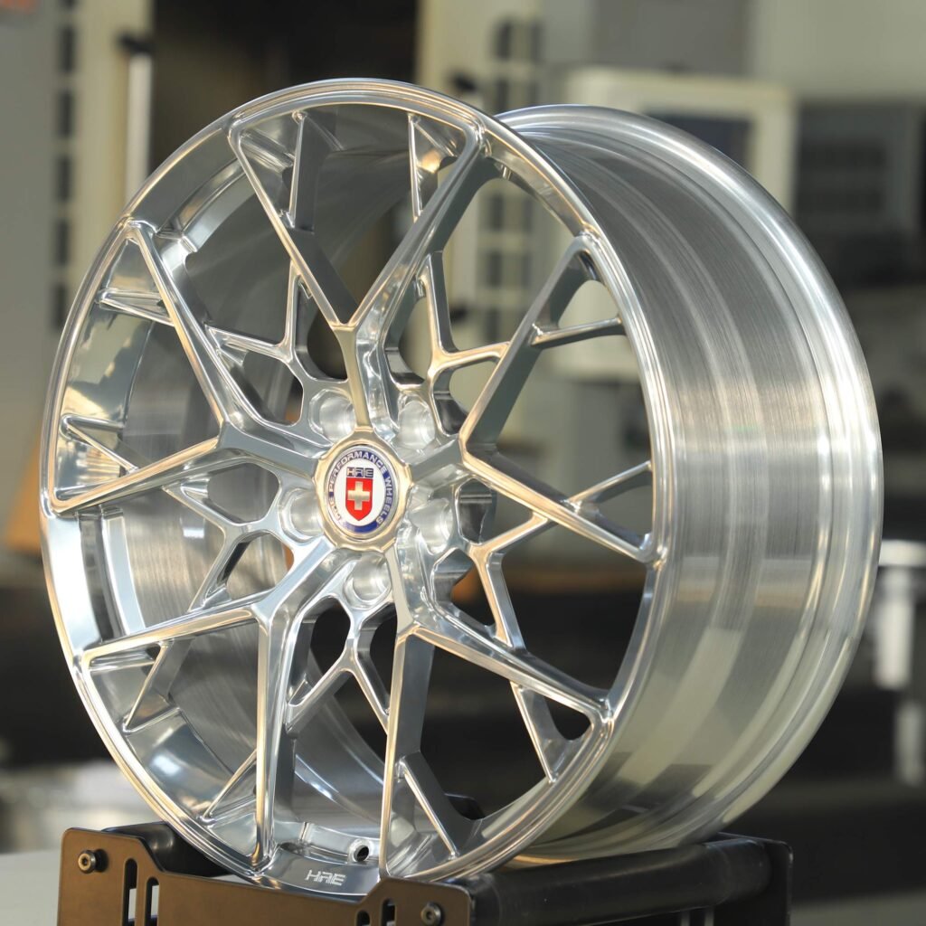 5x114.3 wheels – Polished Silver Cross-Spoke (HRE P200-Style), side view