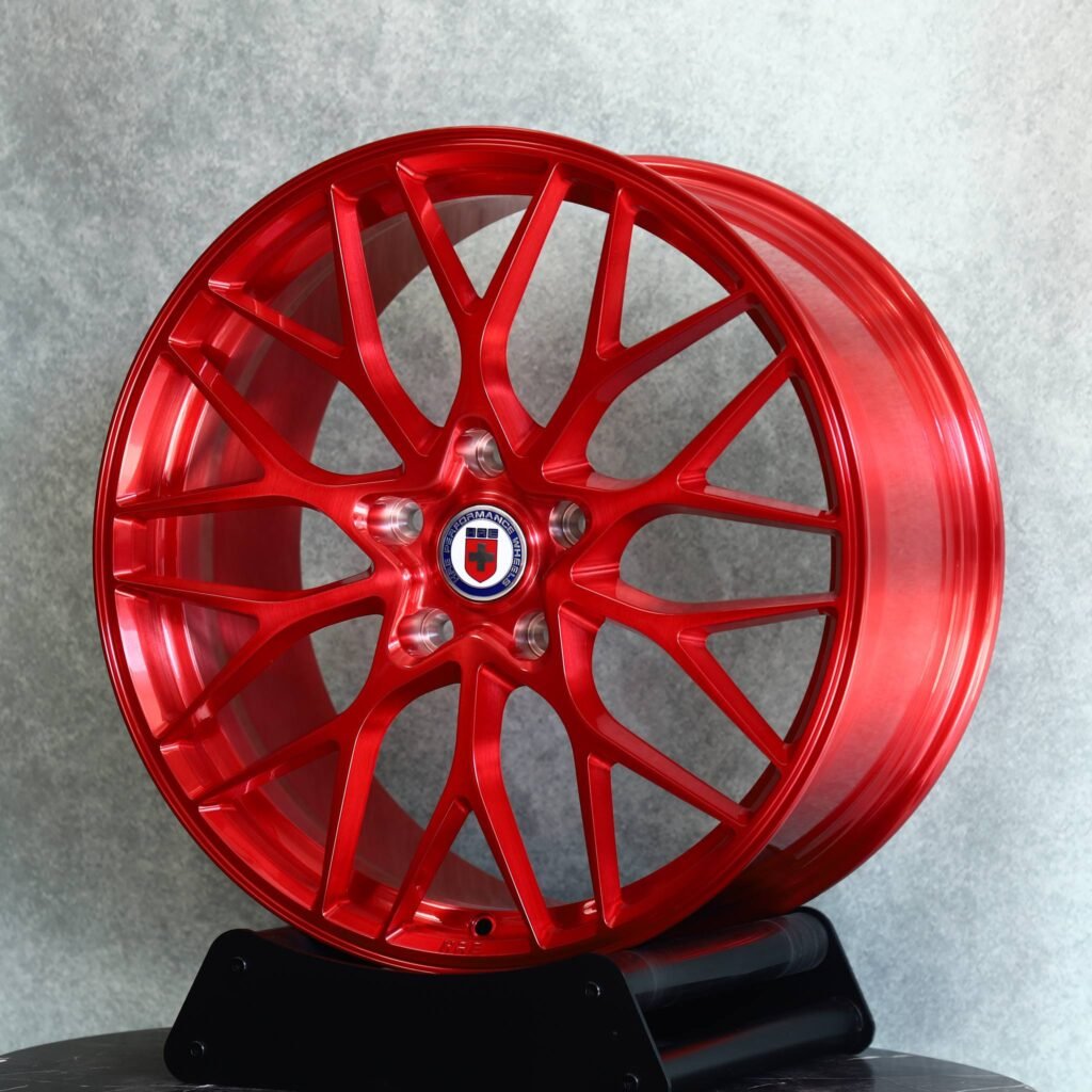 BMW M3 wheels – Candy Red Mesh Multi-Spoke (HRE-Style), angled view