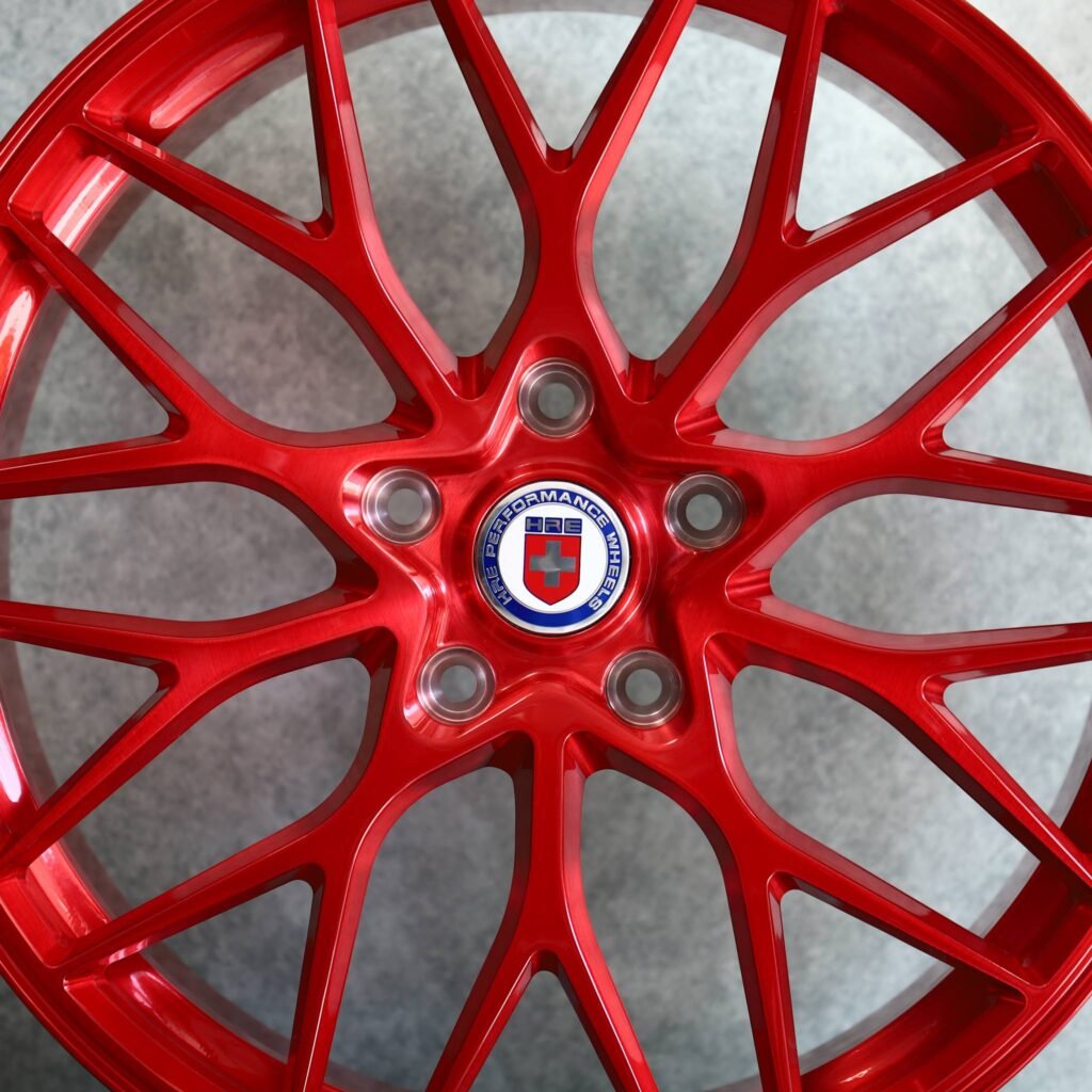 BMW M4 F82 wheels – Candy Red Mesh Multi-Spoke (HRE-Style), lip and barrel detail