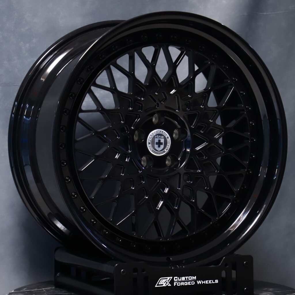 Porsche 911 wheels – Gloss Black Mesh Deep Dish 2-Piece (HRE-Style), angled view