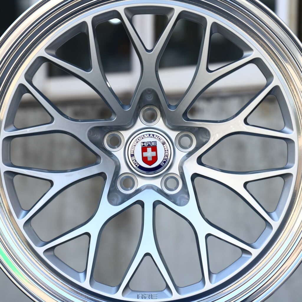 BMW M3 wheels – Hyper Silver 10 Y-Spoke Mesh Polished Lip (HRE-Style), angled view