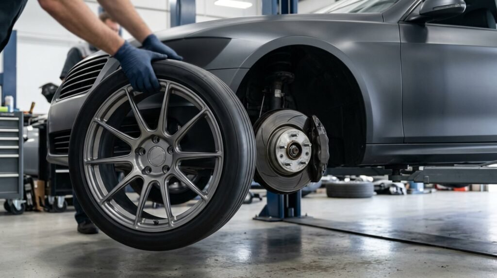 Forged 10-spoke wheel being fitted onto a car hub in a workshop, showing the machined center bore and hub flange for hub-centric fitment