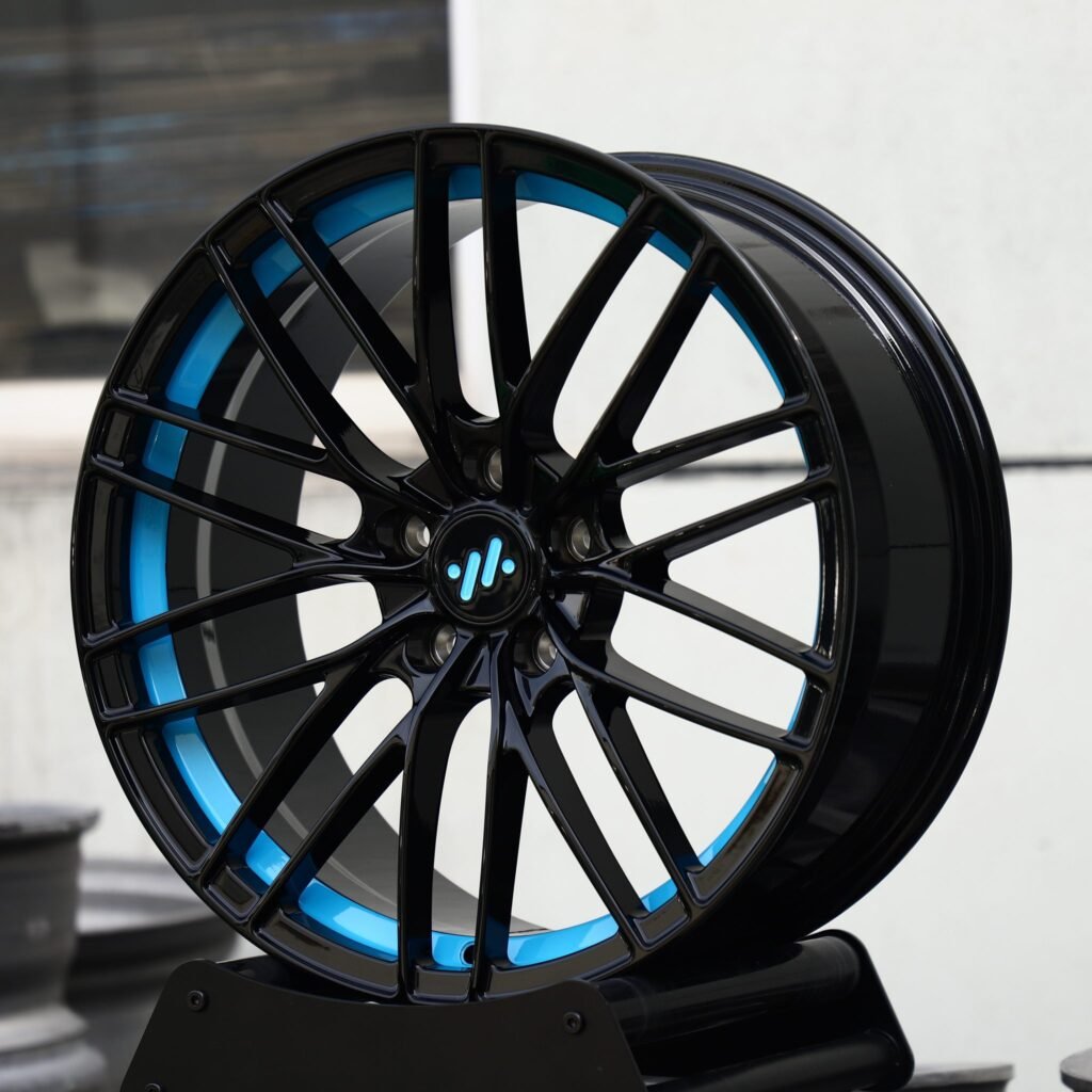 5x120 wheels – Gloss Black / Blue 10 Y-Spoke (IM OEM-Style), side view