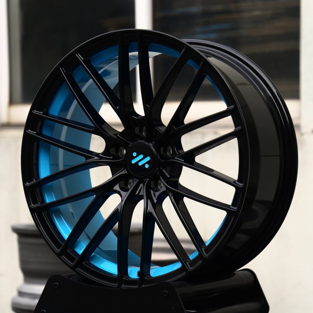 5x120 wheels – Gloss Black / Blue Lip 10 Y-Spoke Mesh (IM OEM-Style), side view