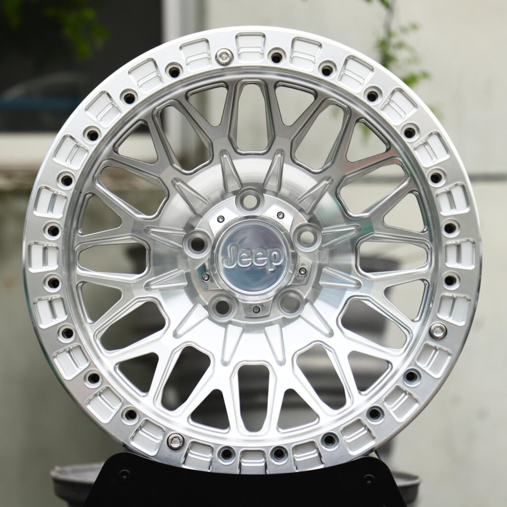 Jeep Wrangler wheels – Brushed Silver Mesh Beadlock (Jeep OEM-Style), front view
