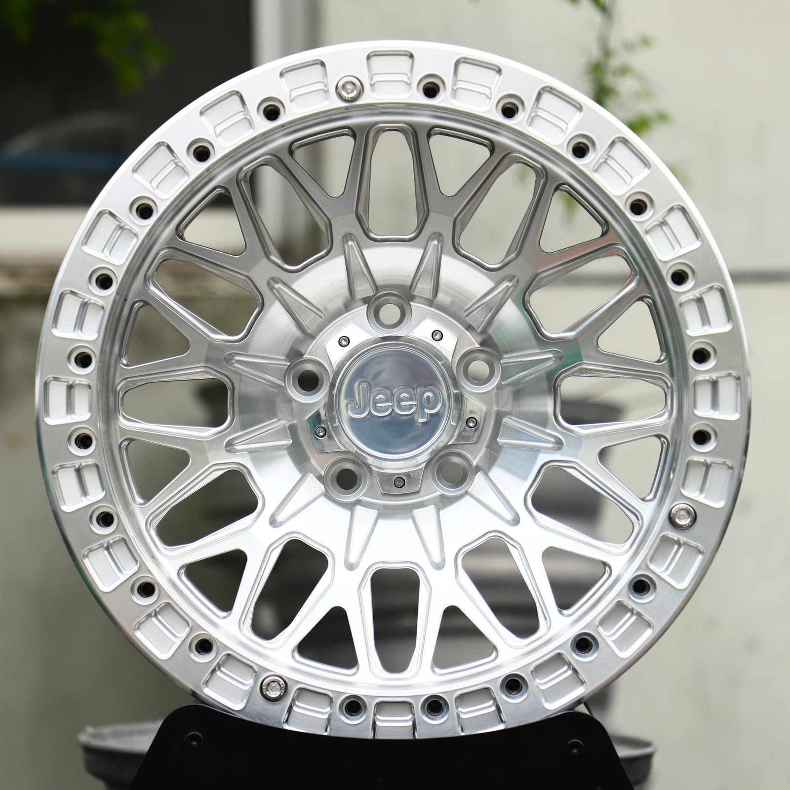 Jeep Wrangler wheels – Brushed Silver Mesh Beadlock (Jeep OEM-Style), front view