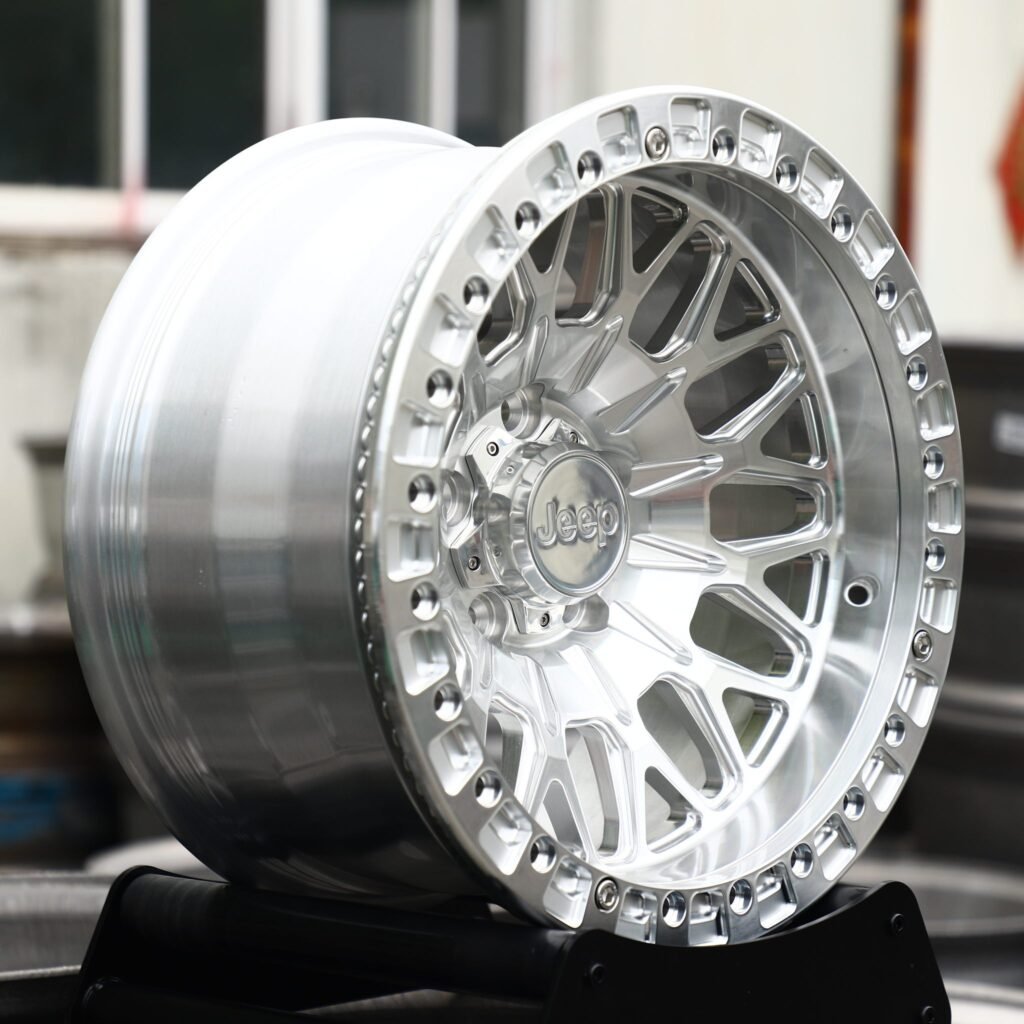 5x127 wheels – Brushed Silver Mesh Beadlock (Jeep OEM-Style), side view