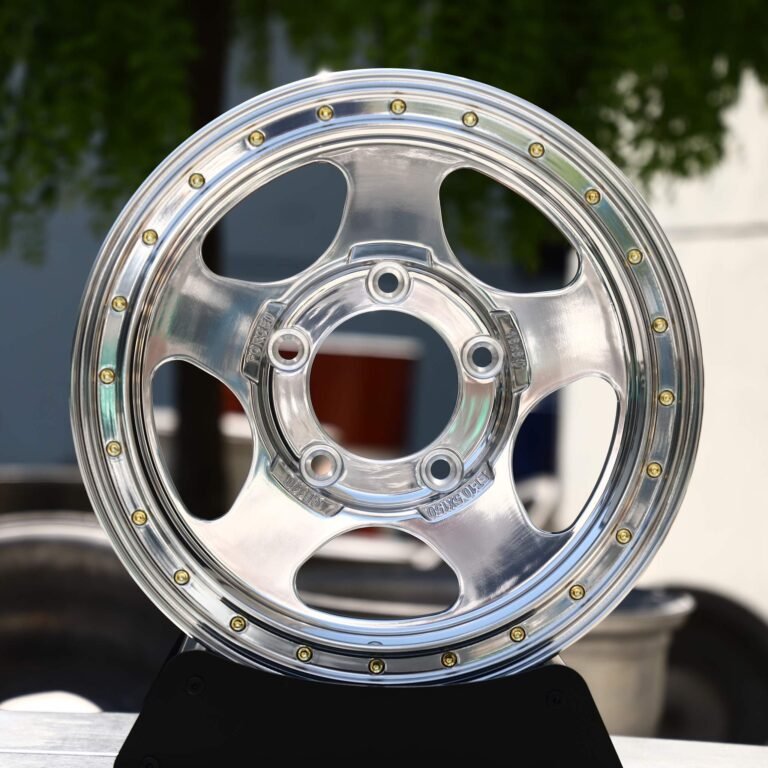 Jeep Wrangler wheels – Mirror Polished 5-Spoke Riveted Lip, front view