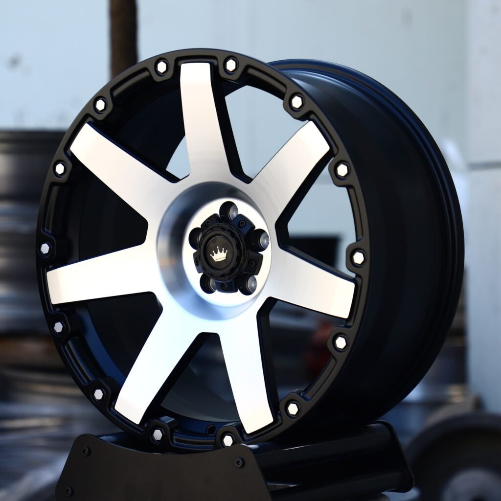 5x127 wheels – Gloss Black Machined 7-Spoke Riveted, side view