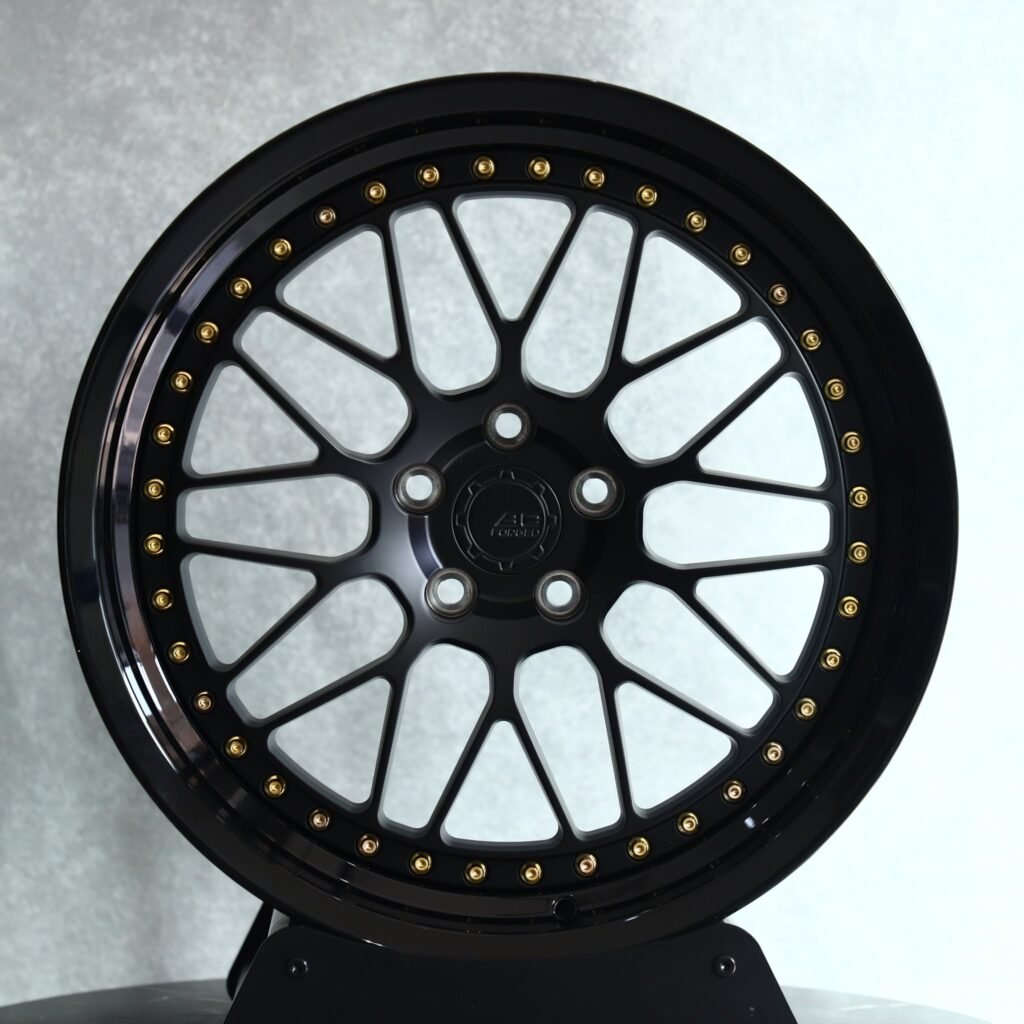 Jeep Wrangler wheels – Gloss Black Riveted Mesh 2-Piece, front view