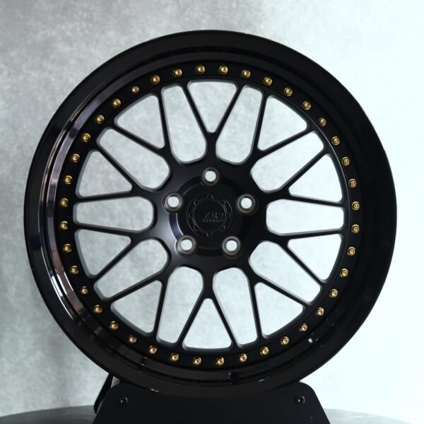 Jeep Wrangler wheels – Gloss Black Mesh 2-Piece Gold Rivet, front view