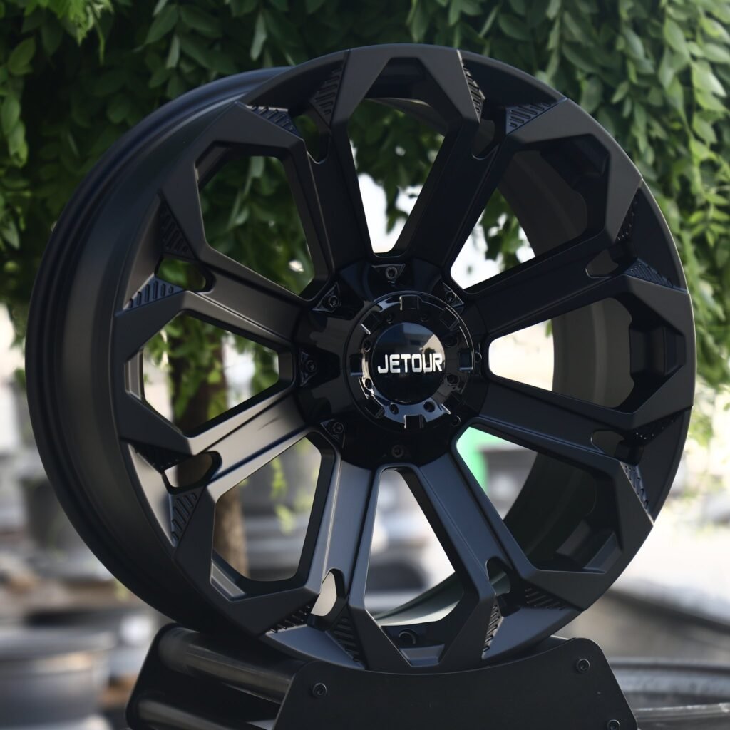 JAC T9 wheels – Gloss Black 8-Spoke (Jetour OEM-Style), angled view