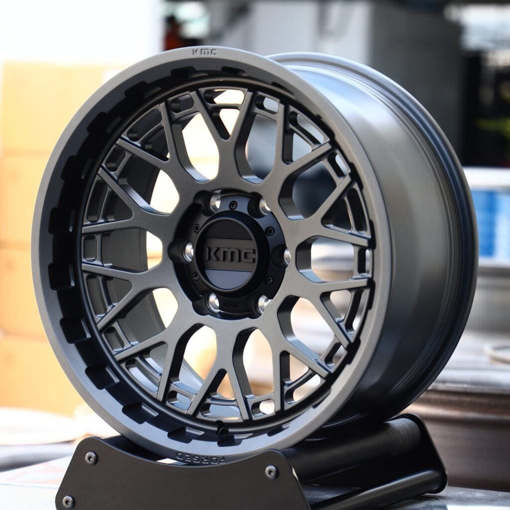 Toyota Tacoma wheels – KMC Gray Double Ring Lip, angled view