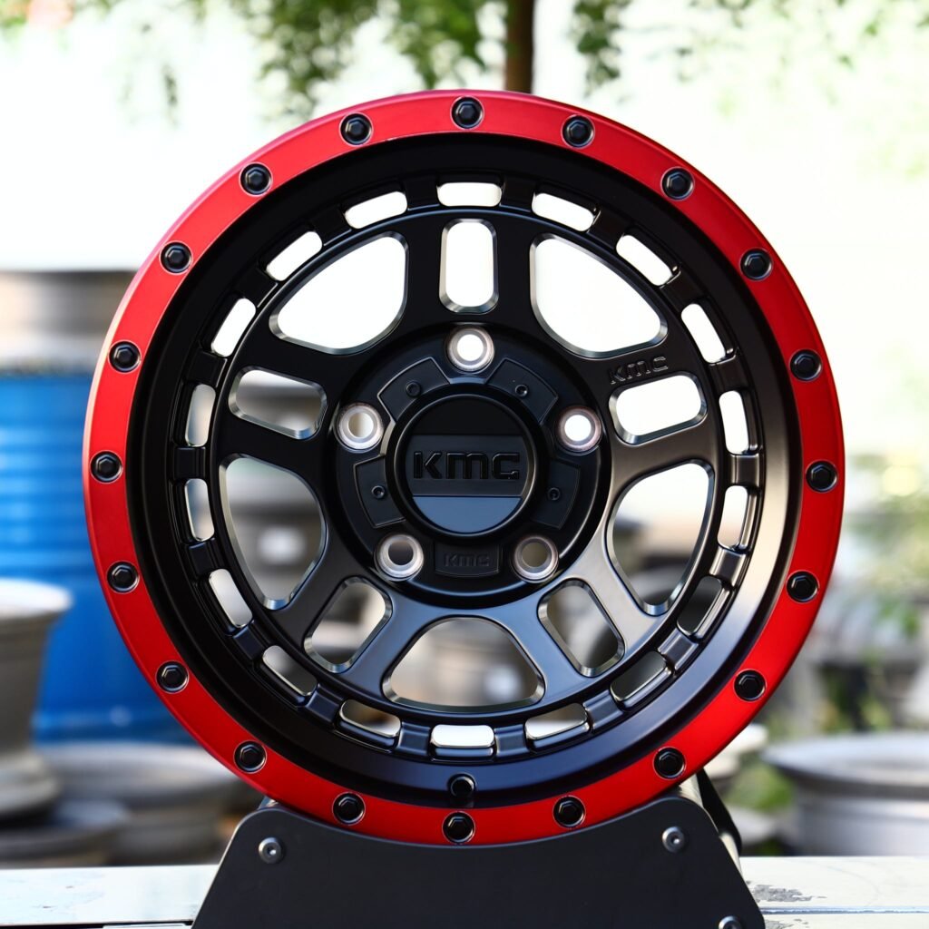 Toyota 4Runner wheels – KMC Red / Black Deep Lip Double Ring Lip, front view