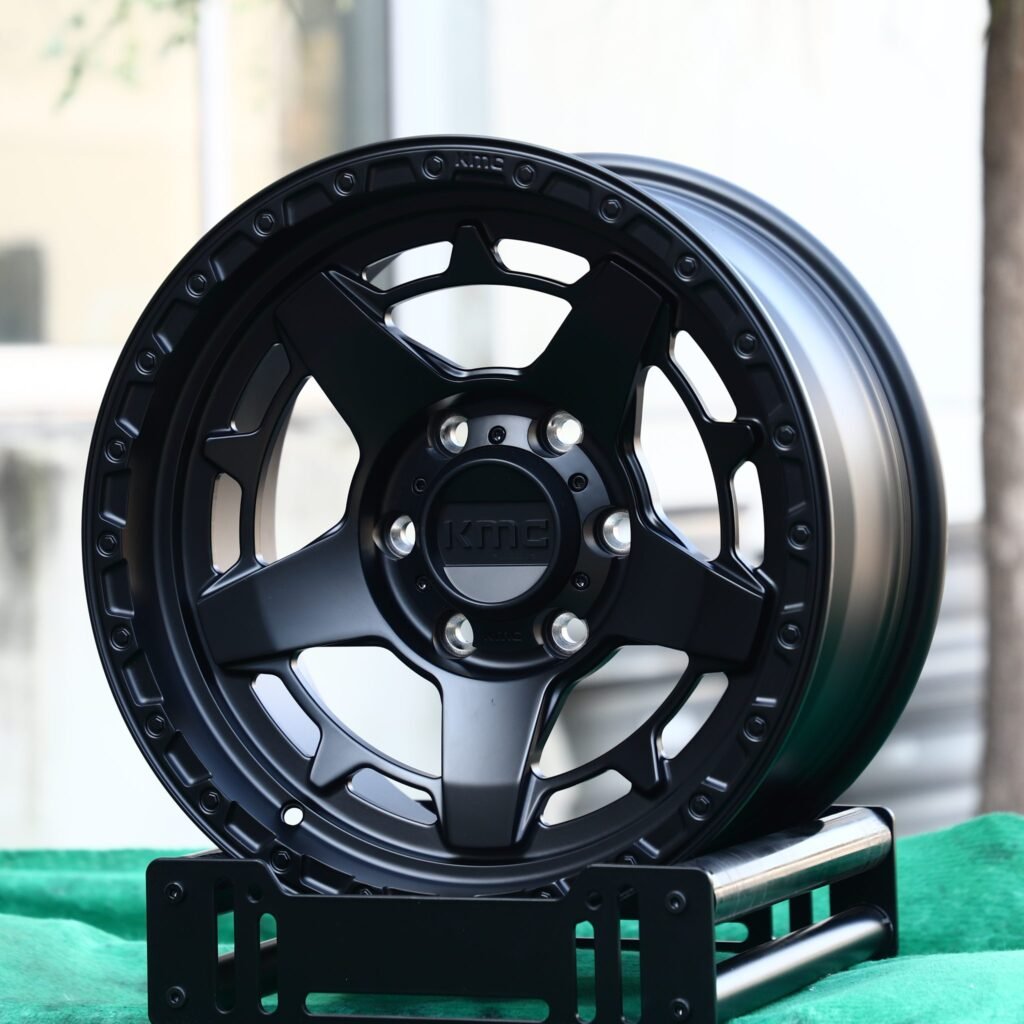 Chevrolet Silverado wheels – Matte Black 5-Spoke Bolt-Ring (KMC-Style), angled view