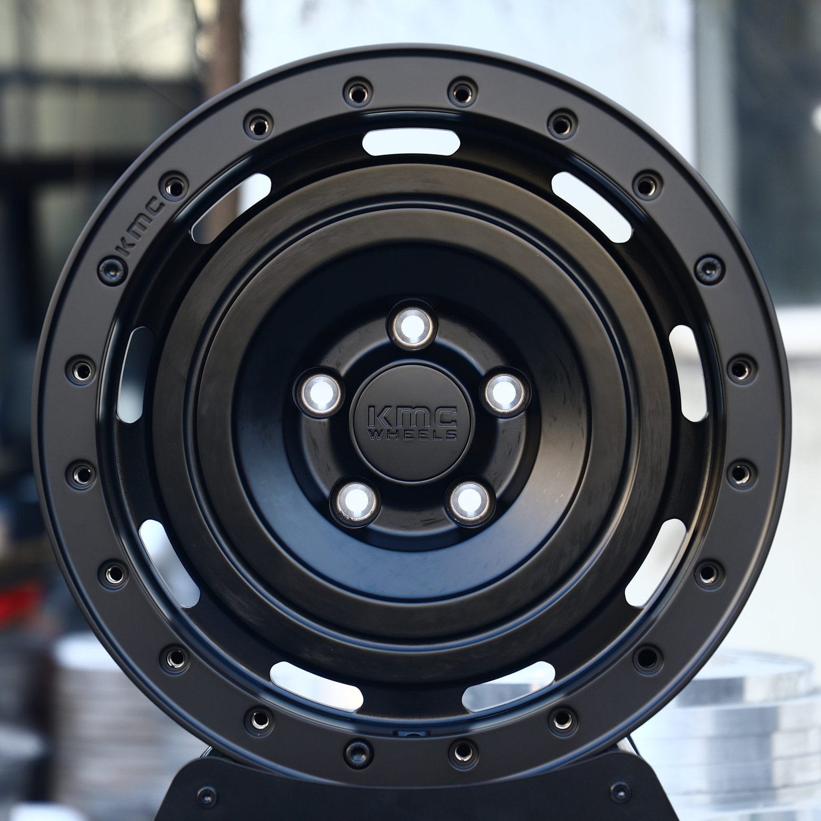 Jeep Wrangler wheels – Matte Black Steelie-Style Dish Beadlock (KMC-Style), front view