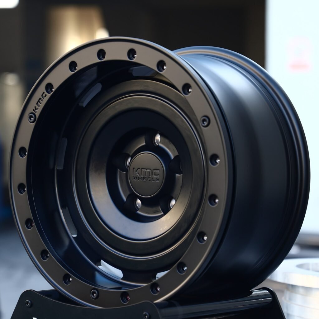 Toyota Land Cruiser wheels – Matte Black Steelie-Style Dish Beadlock (KMC-Style), angled view