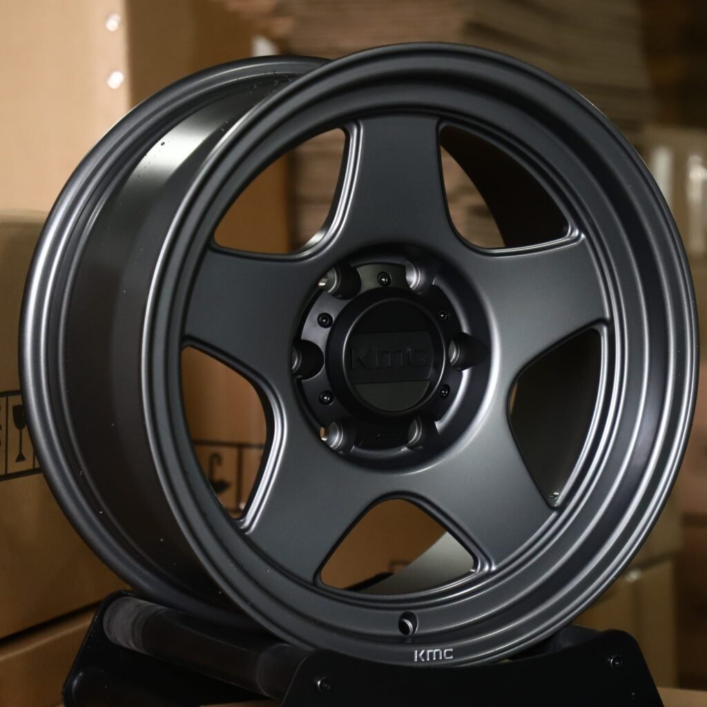 Toyota Tacoma wheels – Matte Gunmetal 5-Spoke (KMC-Style), angled view
