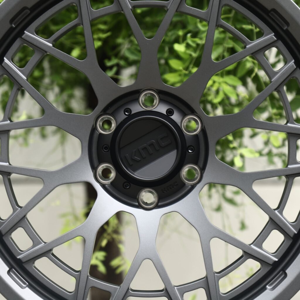 Toyota Tacoma wheels – Matte Gunmetal Mesh (KMC-Style), lip and barrel detail