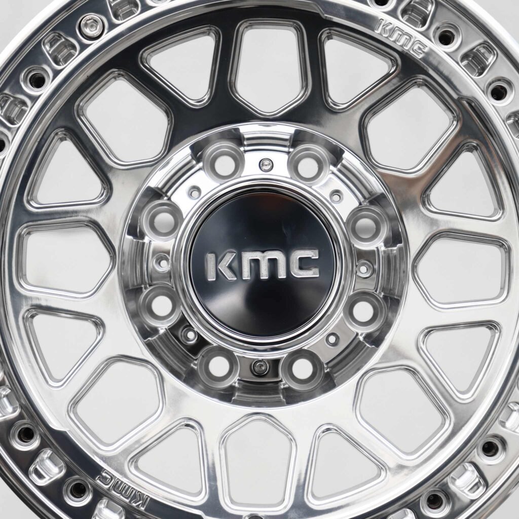 Chevrolet Silverado 2500HD wheels – Mirror Polished Mesh Beadlock (KMC-Style), angled view