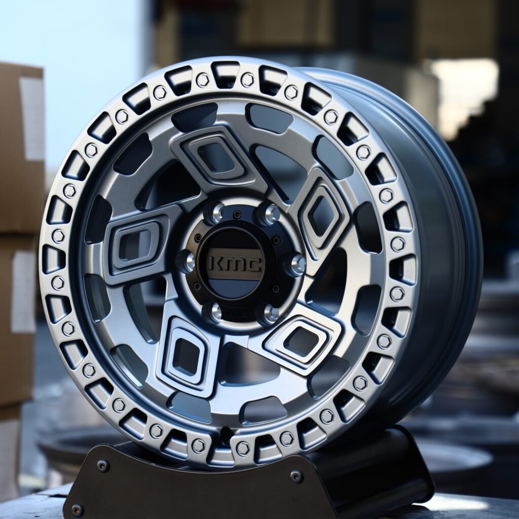 Chevrolet Silverado wheels – KMC Wheels Matte Black Exposed Bolt Detail, angled view