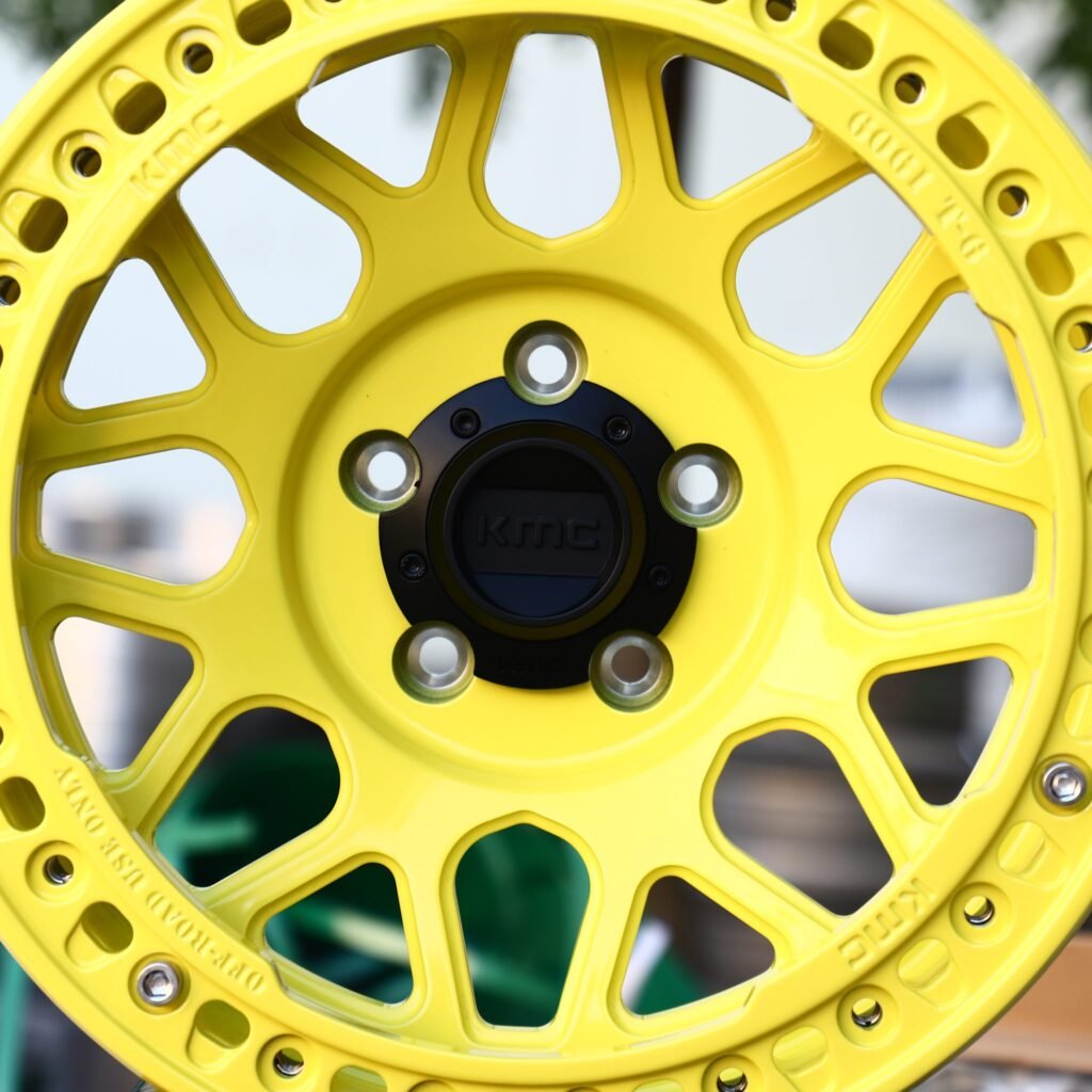 Toyota Tacoma wheels – KMC Wheels Yellow Beadlock, lip and barrel detail