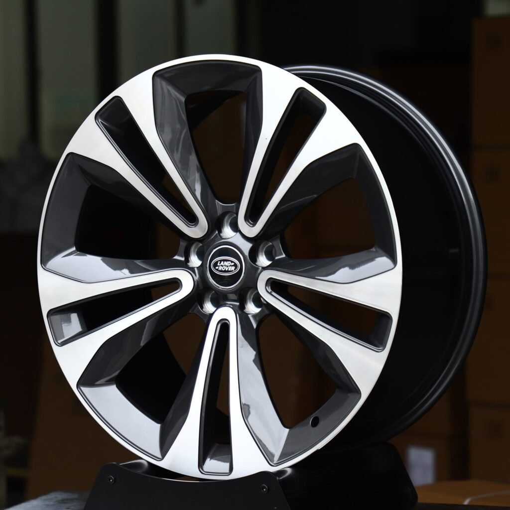 Land Rover Defender wheels – Gloss Black Machined Twin 5-Spoke (Land Rover OEM-Style), angled view
