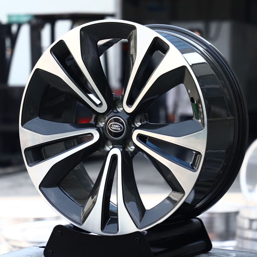 Land Rover Defender wheels – Gloss Black Machined Twin 5-Spoke (Land Rover OEM-Style), angled view
