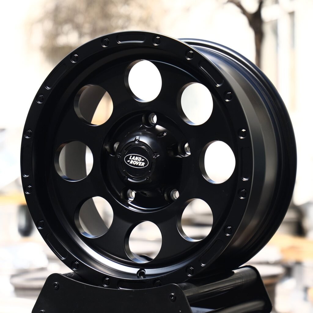 Land Rover Defender wheels – Matte Black 8-Hole Dish Deep Lip (Land Rover OEM-Style), angled view
