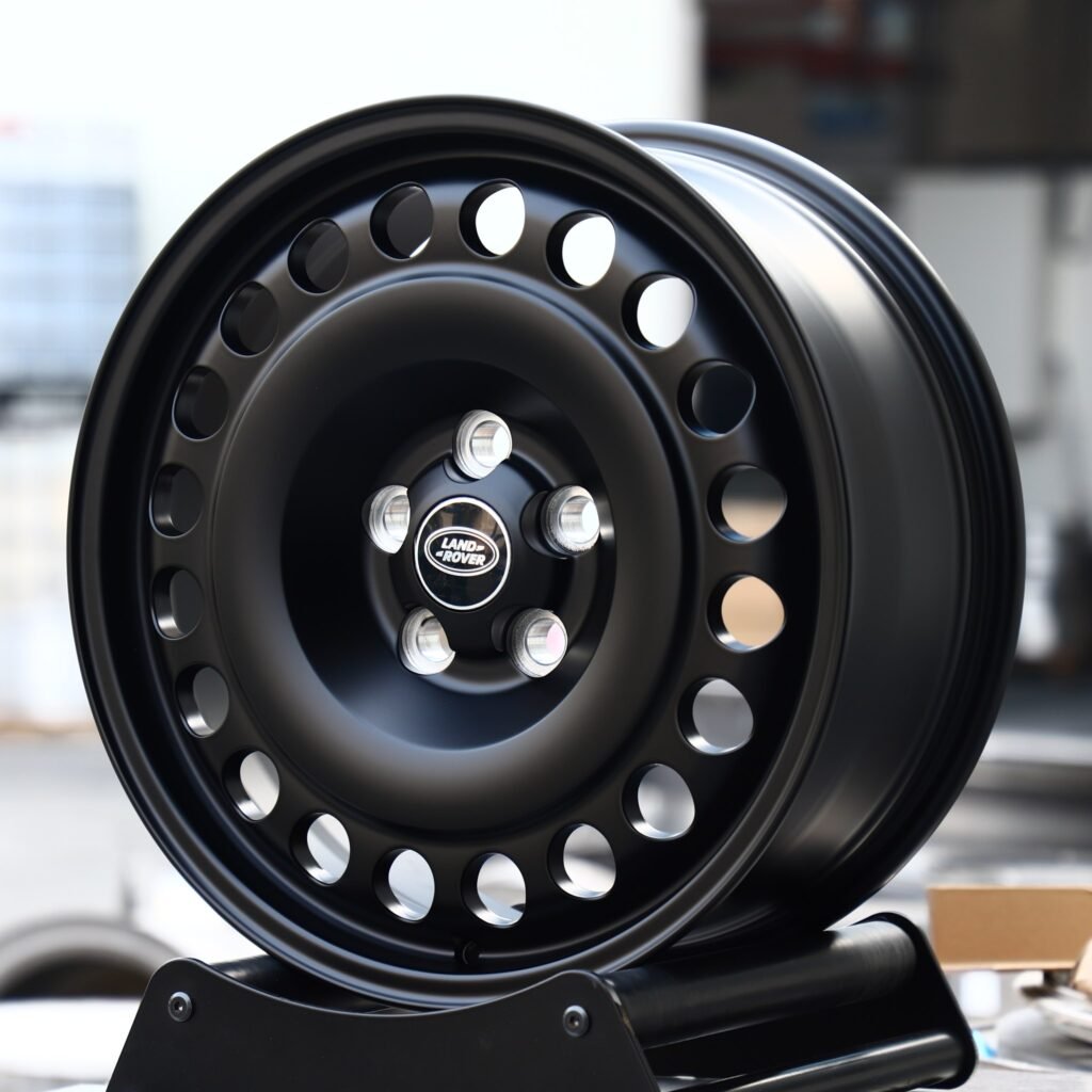 Land Rover Range Rover wheels – Matte Black Steelie-Style (Land Rover OEM-Style), angled view