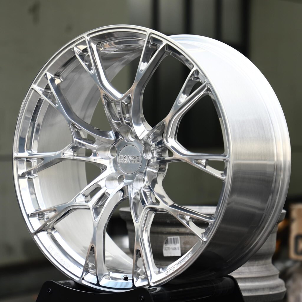 Land Rover Defender wheels – Mirror Polished Cross-Spoke Mesh (Land Rover OEM-Style), angled view