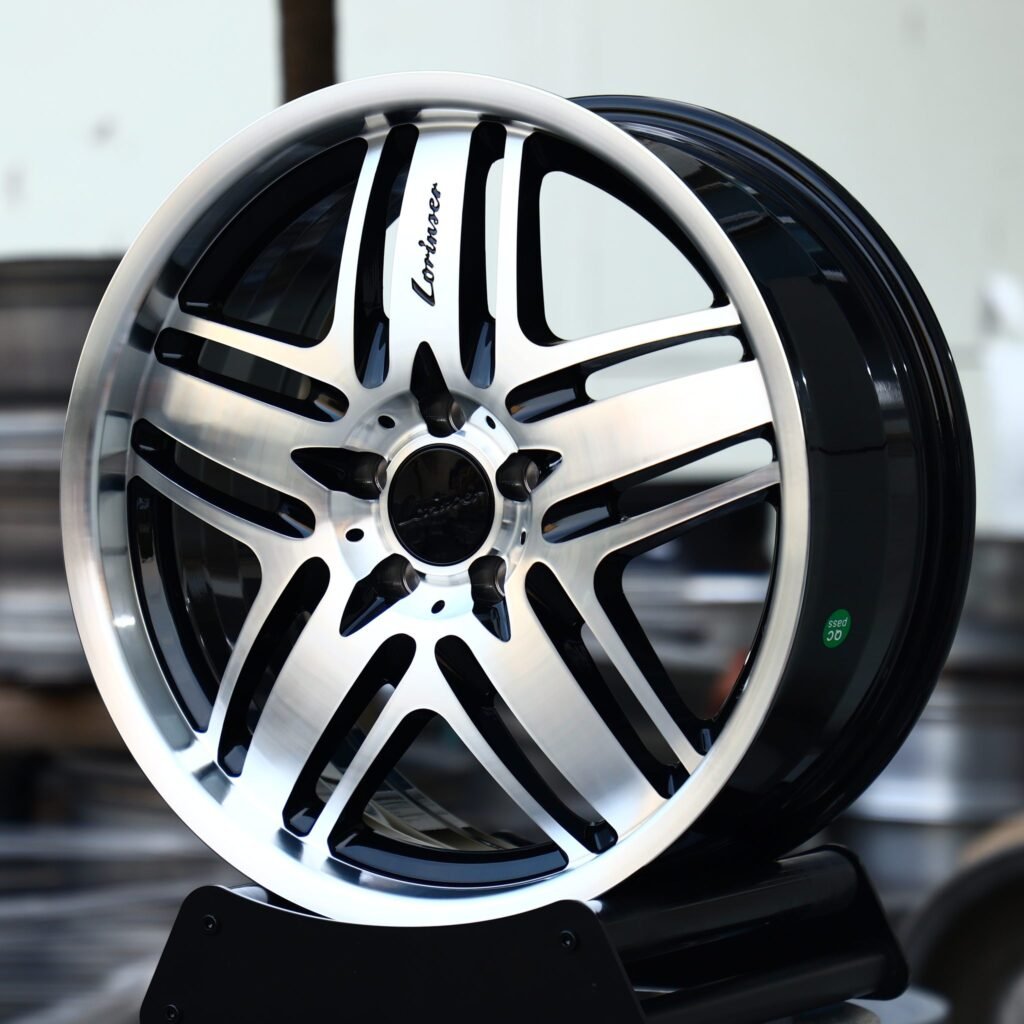 5x112 wheels – Gloss Black Machined Twin 5-Spoke (Lorinser-Style), side view