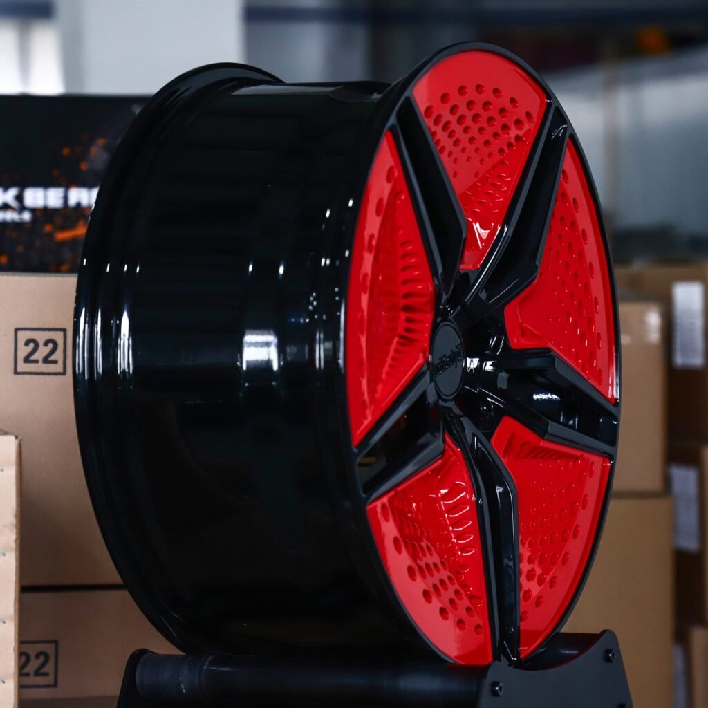 5x120 wheels – Gloss Black / Red 5-Spoke Aero (Lucid OEM-Style), side view