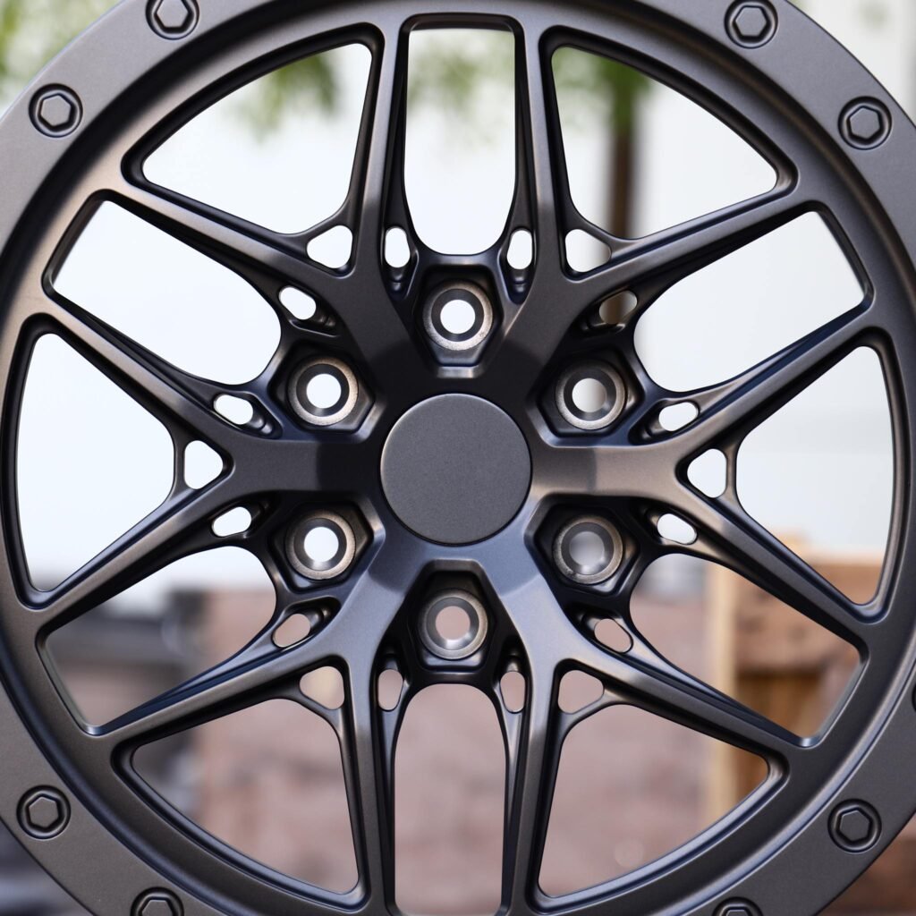 Toyota Tacoma wheels – Matte Black 6 Y-Spoke Exposed Bolt Detail, lip and barrel detail