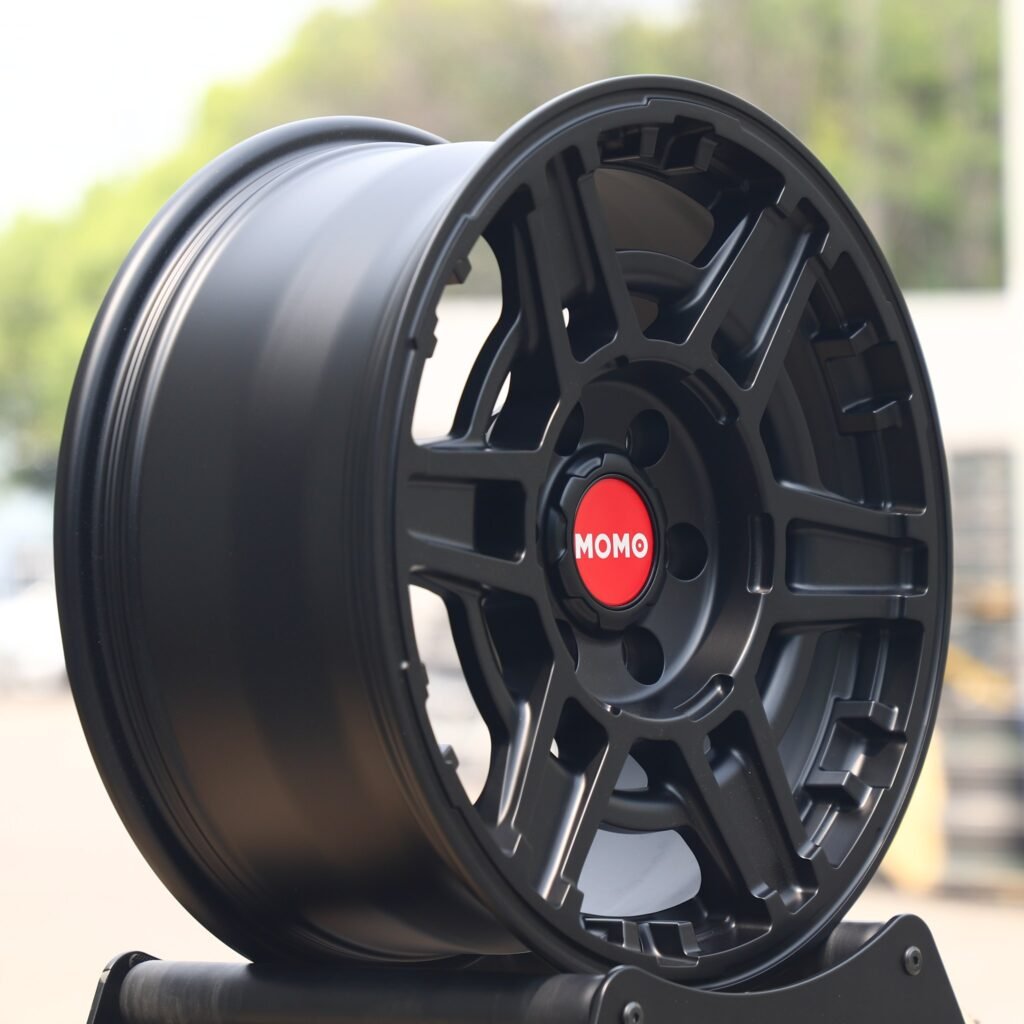 Toyota Tacoma wheels – Matte Black Double-Ring (Momo-Style), lip and barrel detail