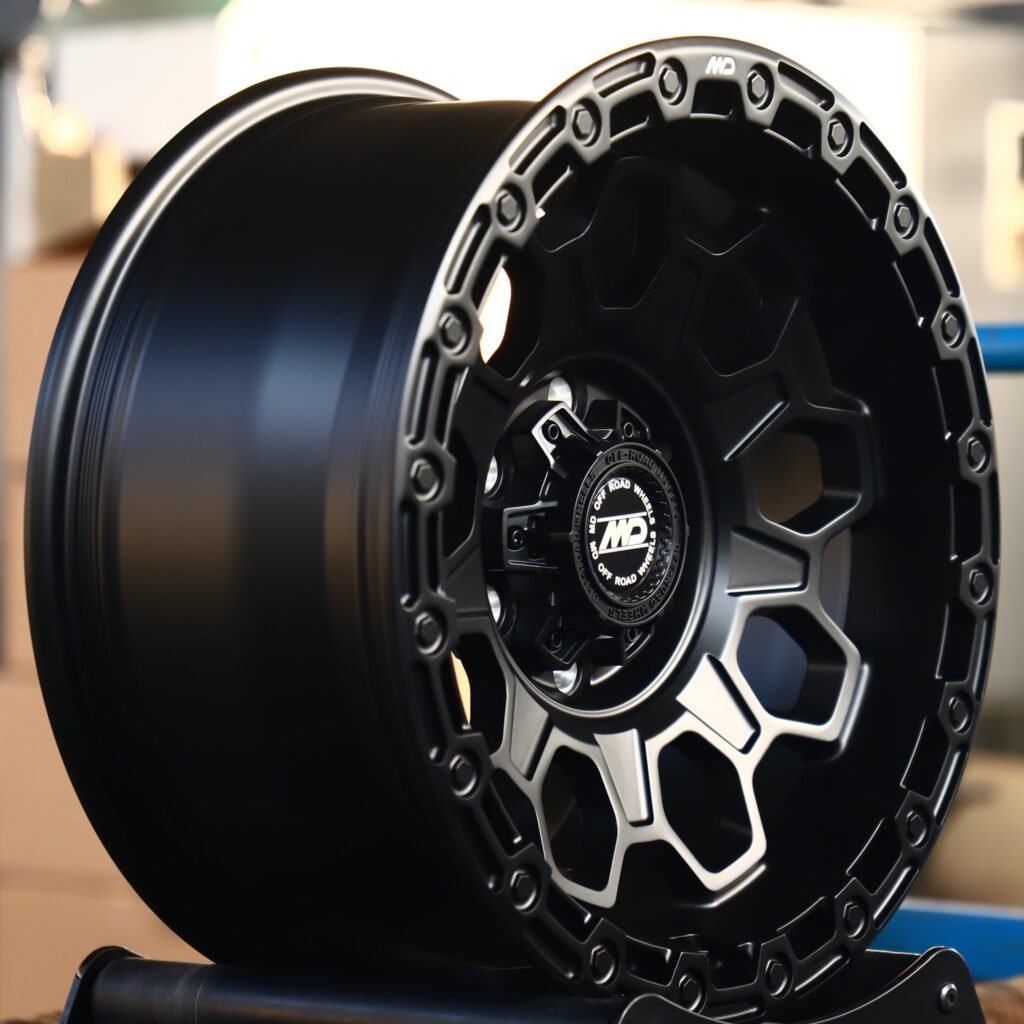 6x135 wheels – Matte Black Exposed Bolt Detail, side view